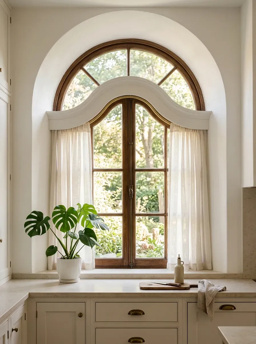 Curved white wooden valance fitted to a kitchen arch window with sheer panels hanging below