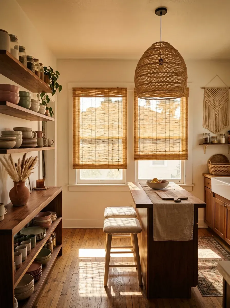 Bamboo roll-up blinds filtering warm amber light in a bohemian kitchen with rattan and ceramics