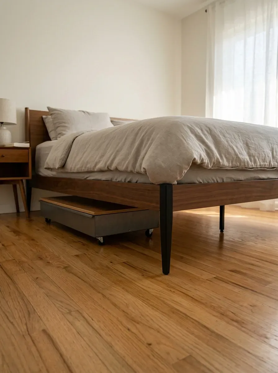 Platform bed with slim metal legs revealing warm hardwood floor space beneath in small bedroom