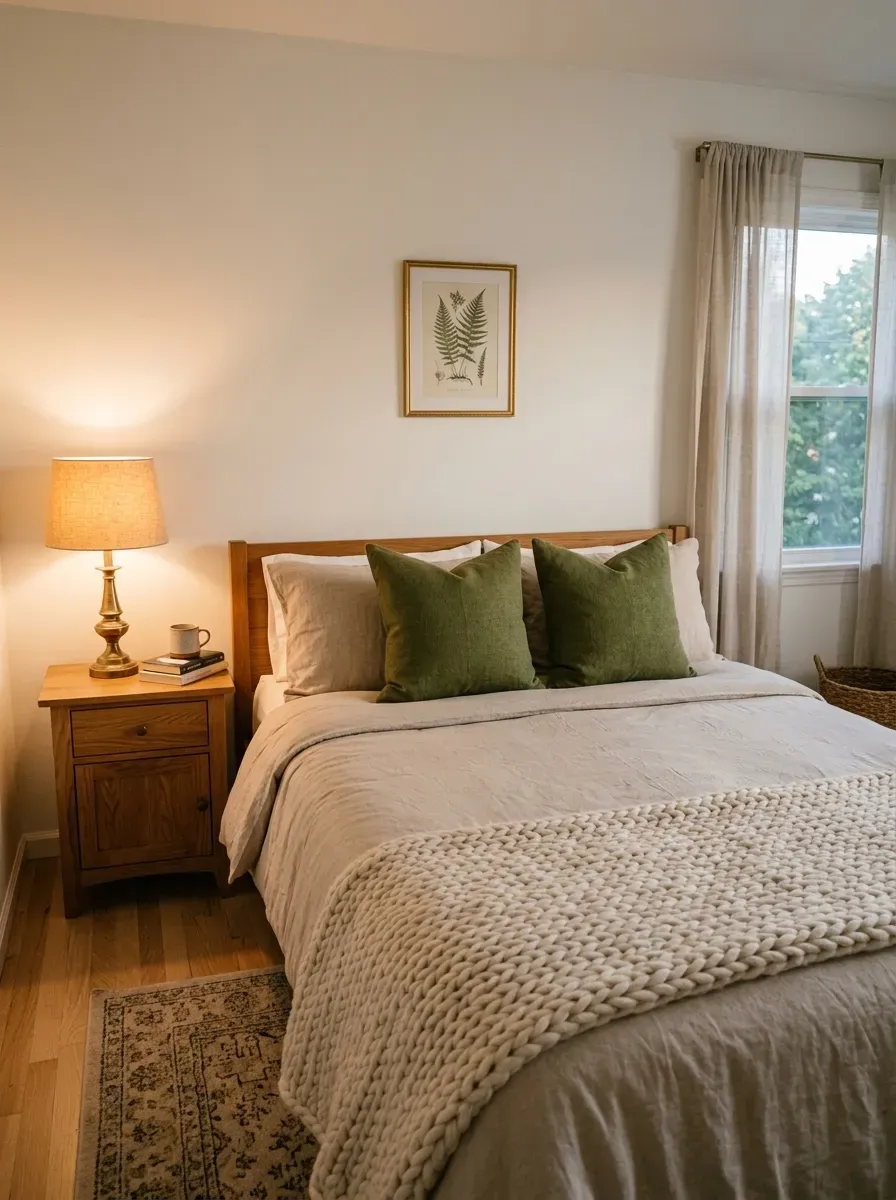 Layered bedroom with warm white walls, beige bedding, and olive green accents