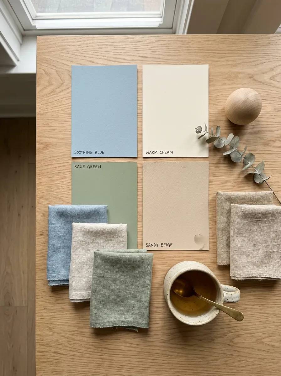 Soothing bedroom paint swatches beside natural fabric samples and wooden décor