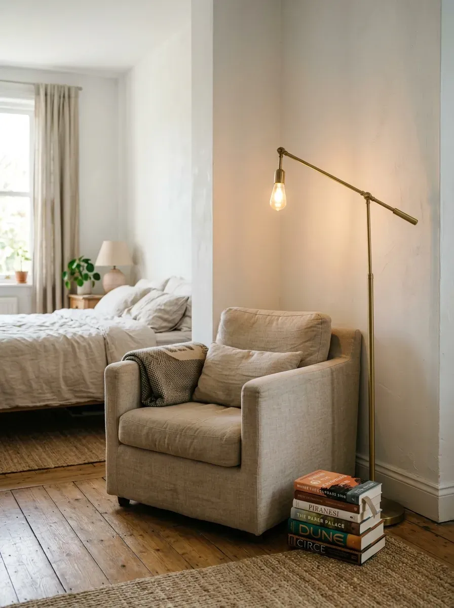 Cozy bedroom corner with linen armchair, narrow floor lamp, and small stack of books beside it