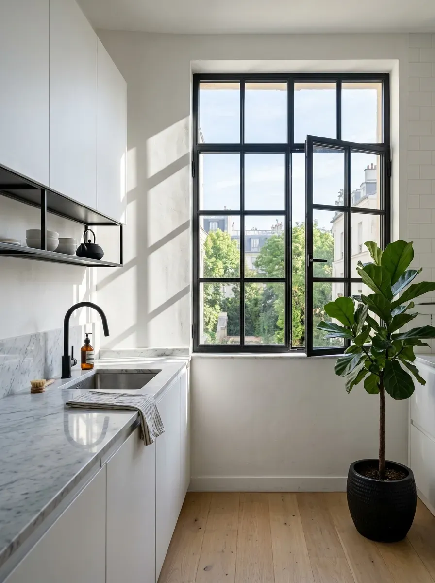 Sleek black steel casement window open slightly in a white marble kitchen with architectural character