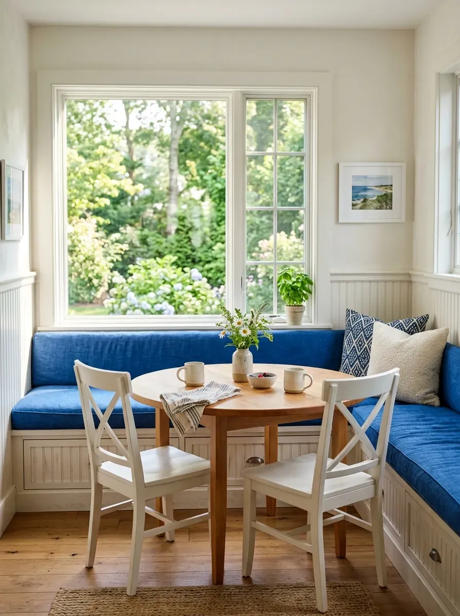 Bright cobalt blue cushion on built-in kitchen window bench seat with patterned throw pillows and garden view