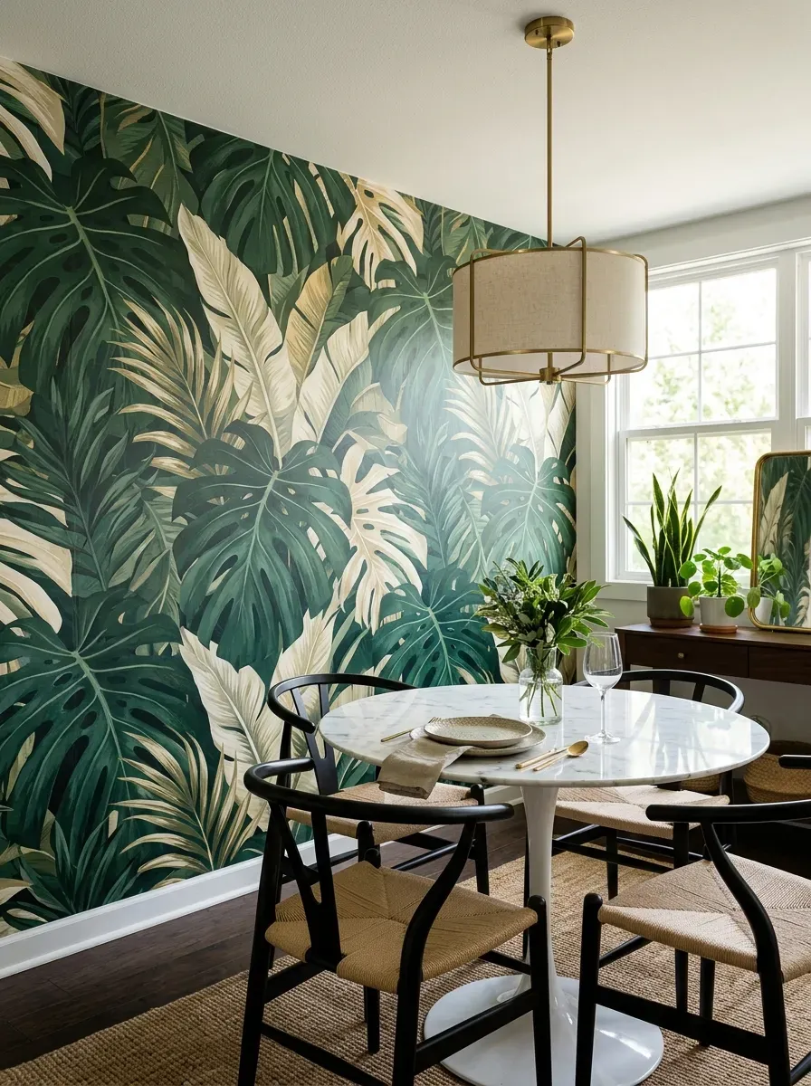 Tropical leaf botanical wallpaper accent wall behind marble table and black wishbone chairs