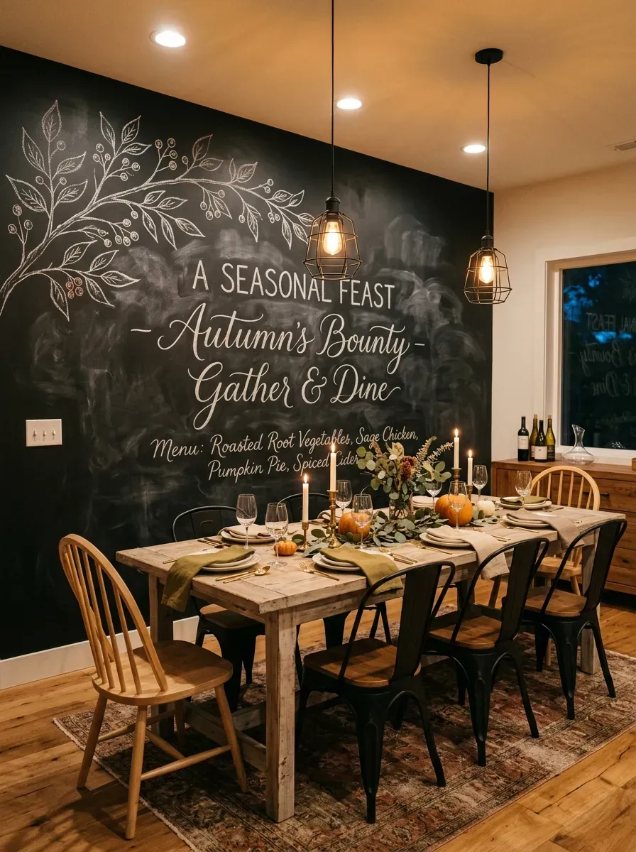 Matte charcoal chalkboard accent wall with chalk botanical drawing and cursive lettering