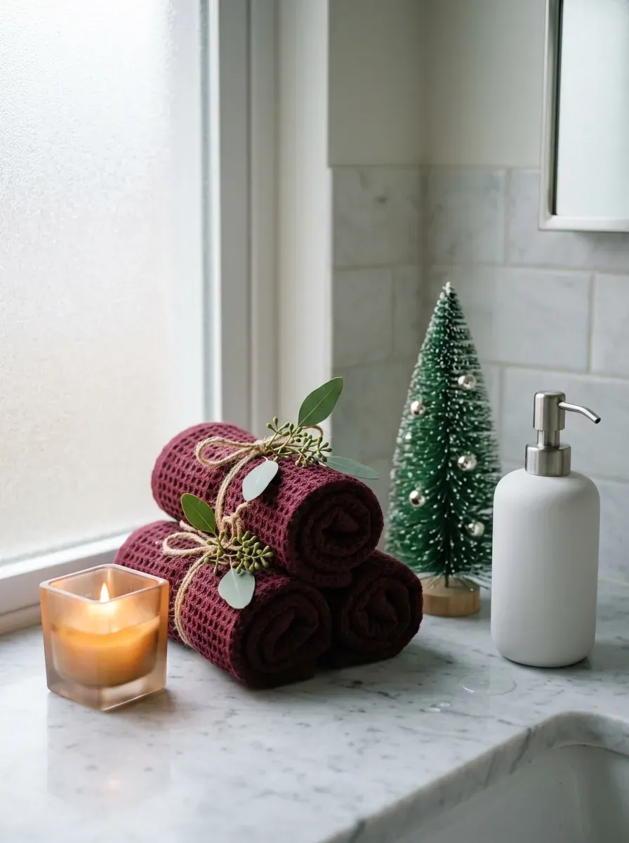 Spa-like white bathroom with Christmas candle, rolled burgundy towels, and mini bottle brush tree