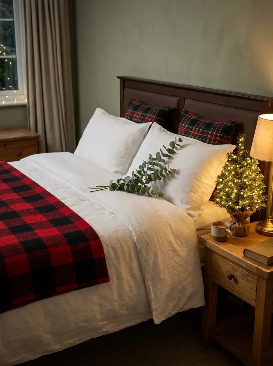 King bedroom with buffalo check blanket, plaid pillows, and glowing tabletop Christmas tree