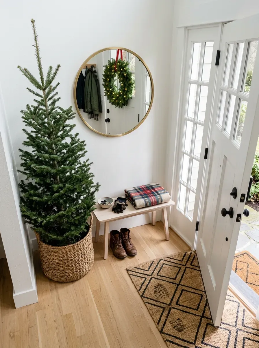 Welcoming Christmas entryway with potted evergreen in woven basket and festive accents