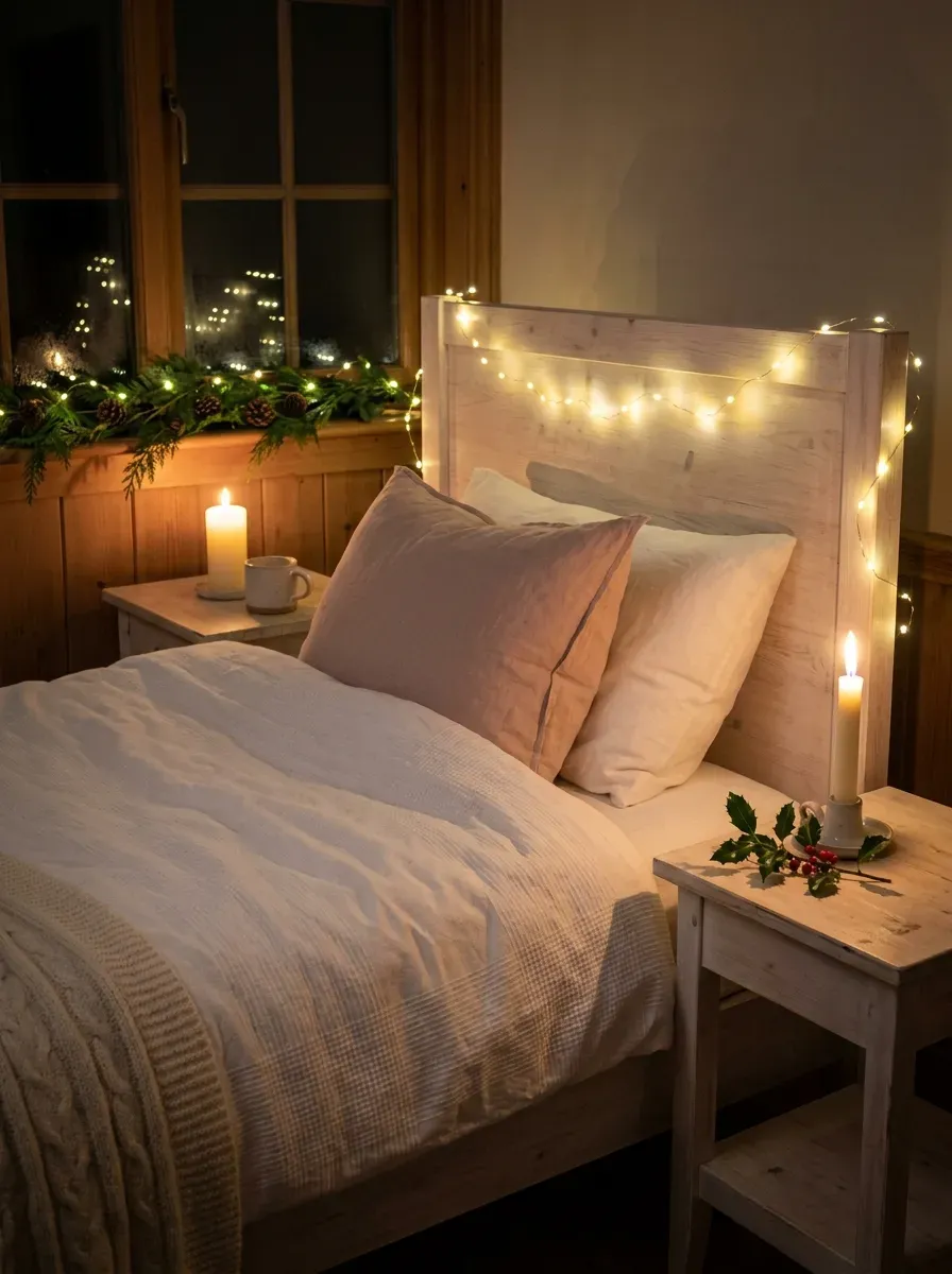 Warm fairy lights draped over a headboard cast a dreamy holiday glow