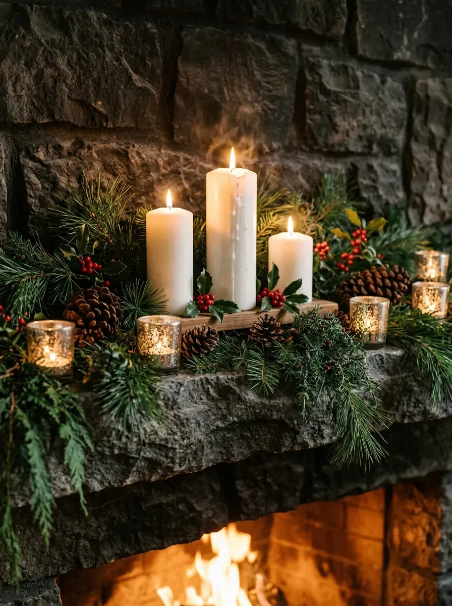 Stone fireplace mantel styled with pine garland, white pillar candles, and red berries