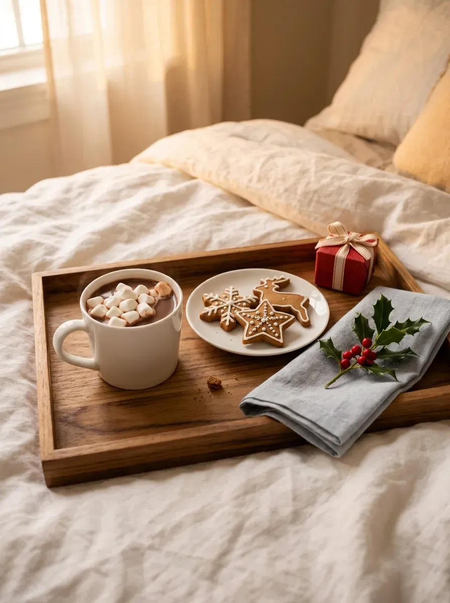 Wooden Christmas morning breakfast tray with hot cocoa, gingerbread cookies, and small gift