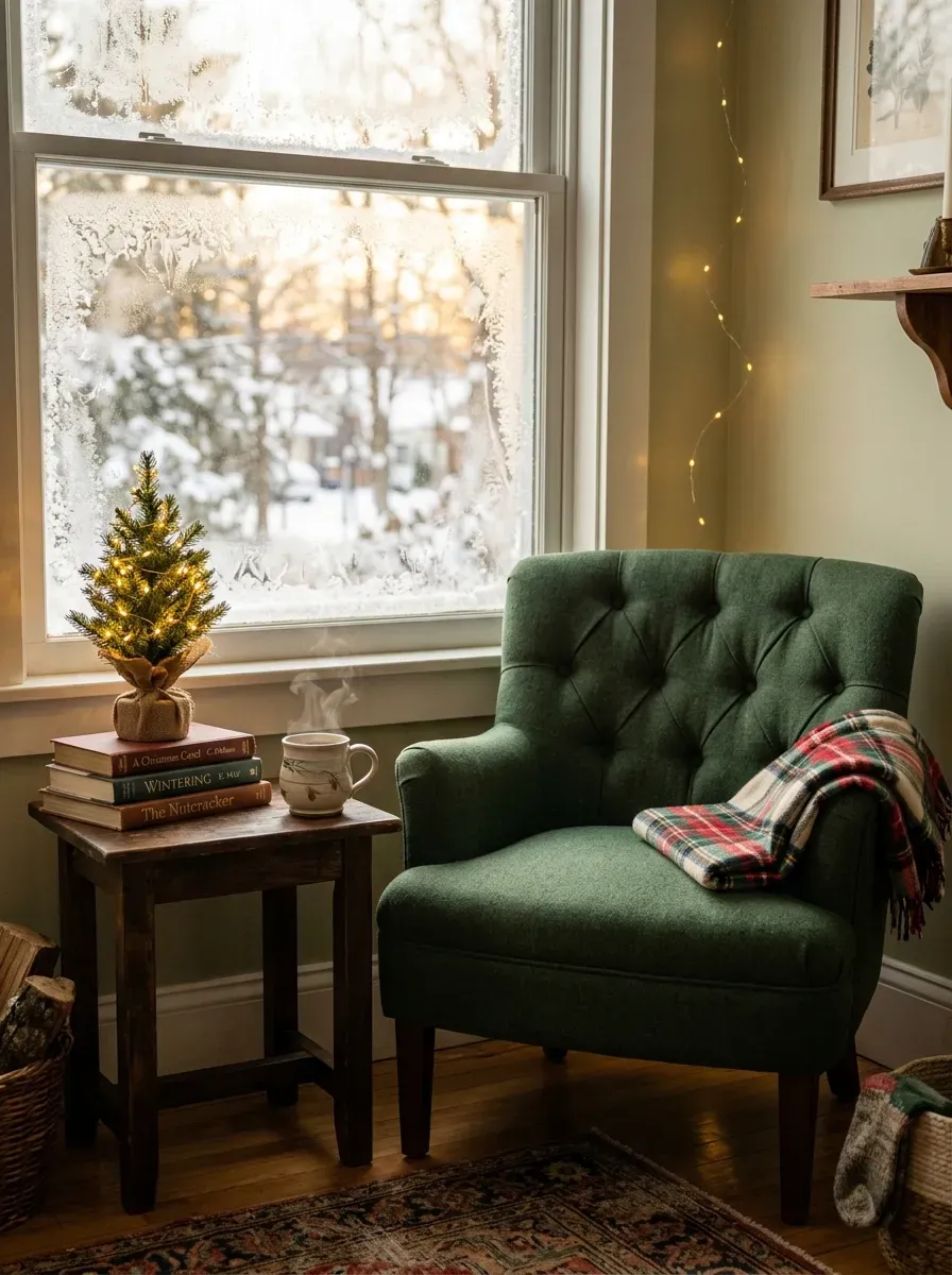 Cozy armchair reading nook beside frosted window with plaid blanket and mini Christmas tree