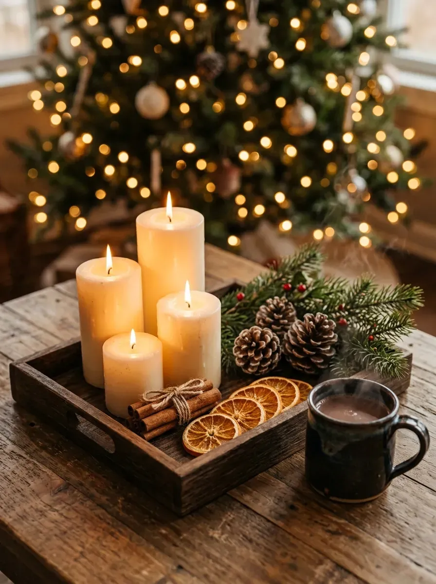 A festive coffee table display of candles, cinnamon sticks, and dried orange slices