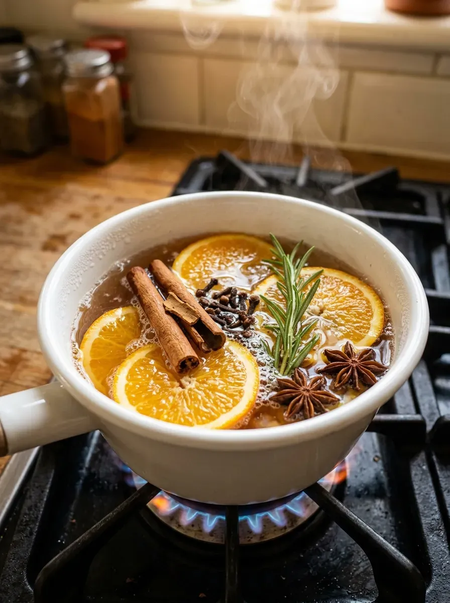 White ceramic pot of simmering Christmas potpourri with orange slices and cinnamon on stovetop