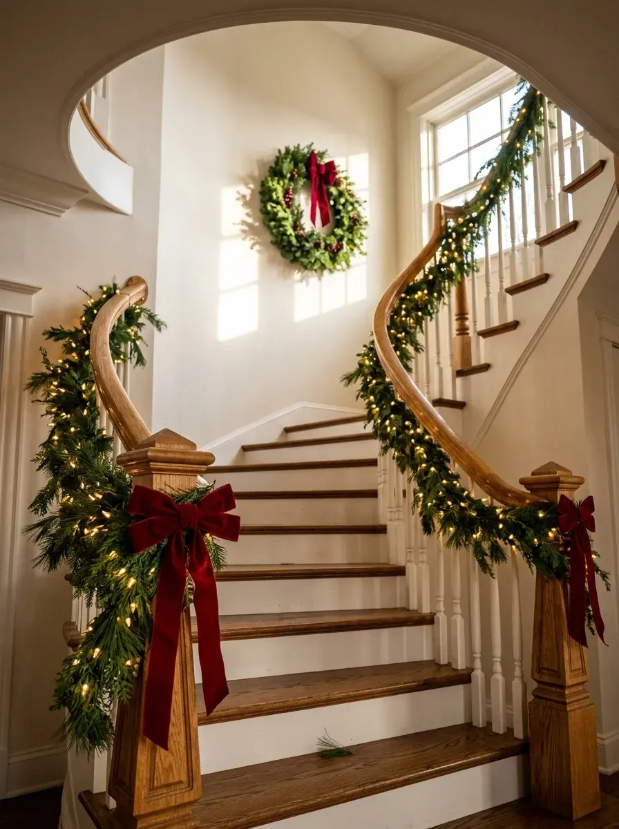 Wooden staircase railing with pine garland, fairy lights, and red velvet bows at each post