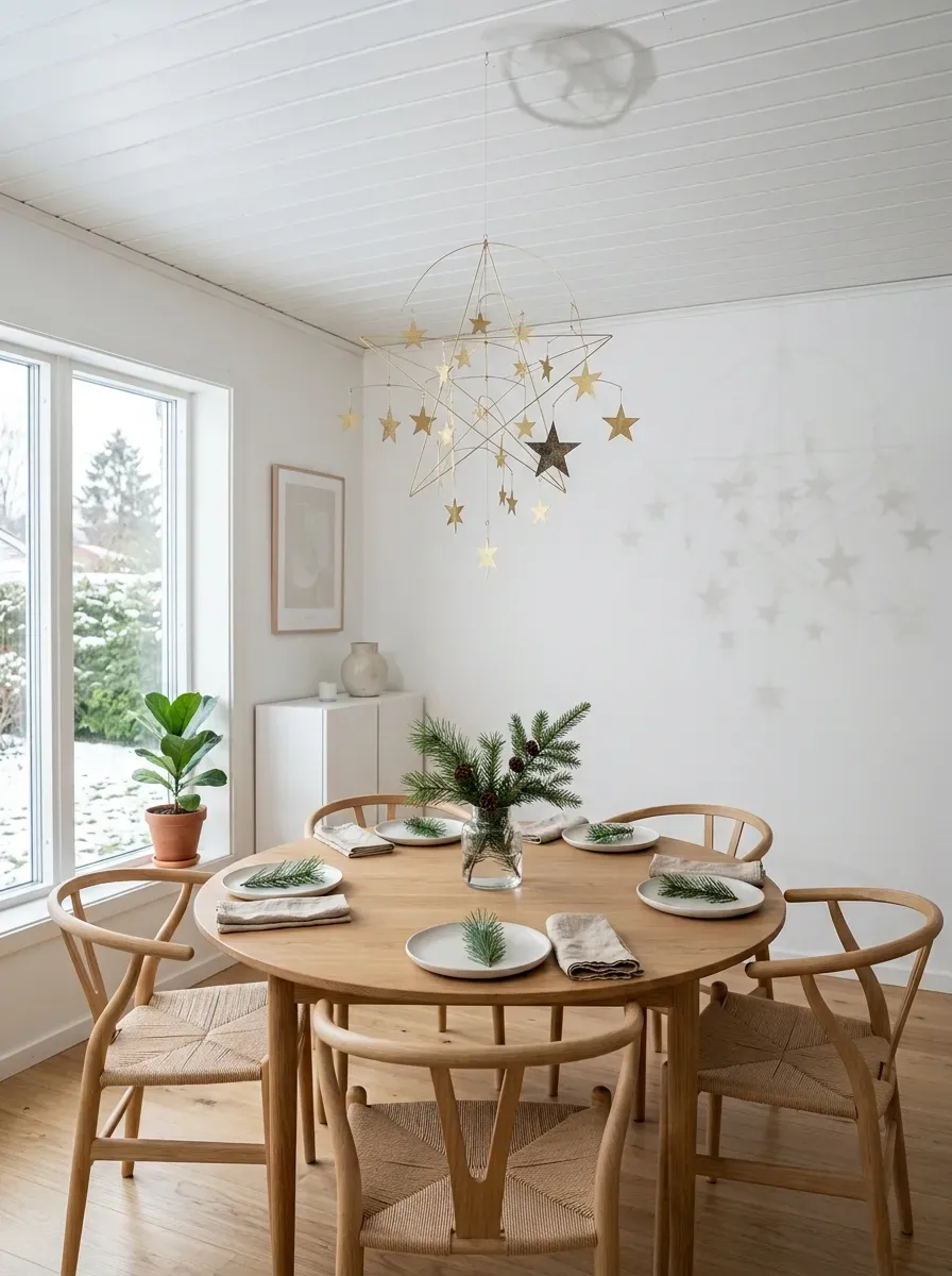 Minimalist brass star mobile hanging above a Scandinavian-style wooden dining table
