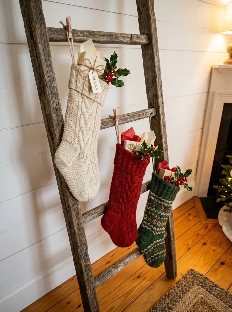 Three knitted stockings hanging from a rustic ladder against a white shiplap wall