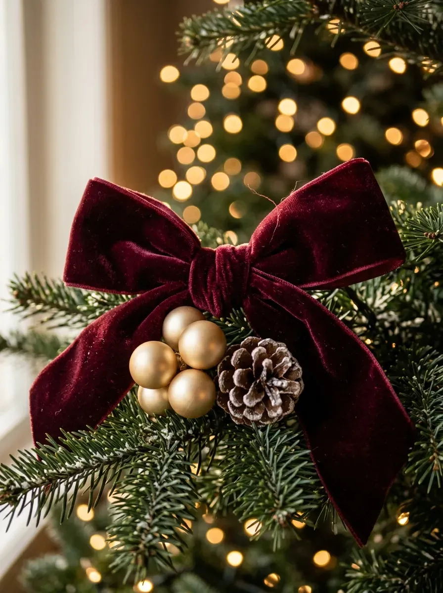 Velvet burgundy ribbon bow tied around gold ornaments and pine cone on a Christmas tree branch