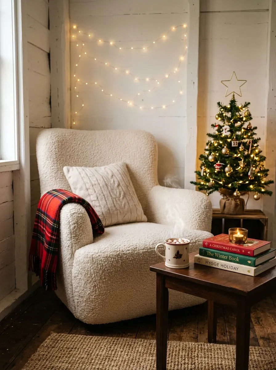 A fluffy armchair with a plaid blanket creates the perfect Christmas reading nook
