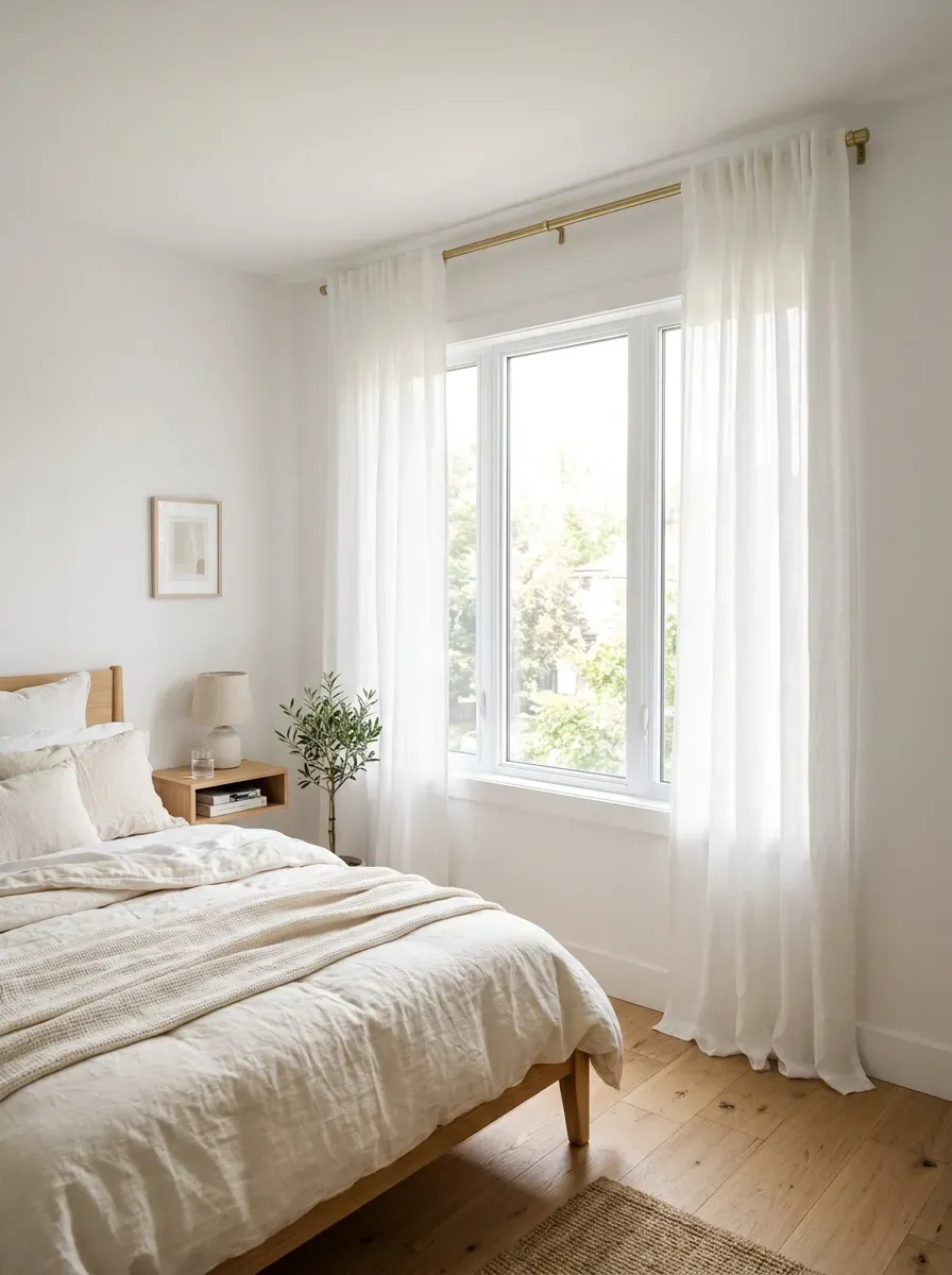 Floor-to-ceiling sheer white curtains mounted near ceiling flooding small bedroom with diffused light