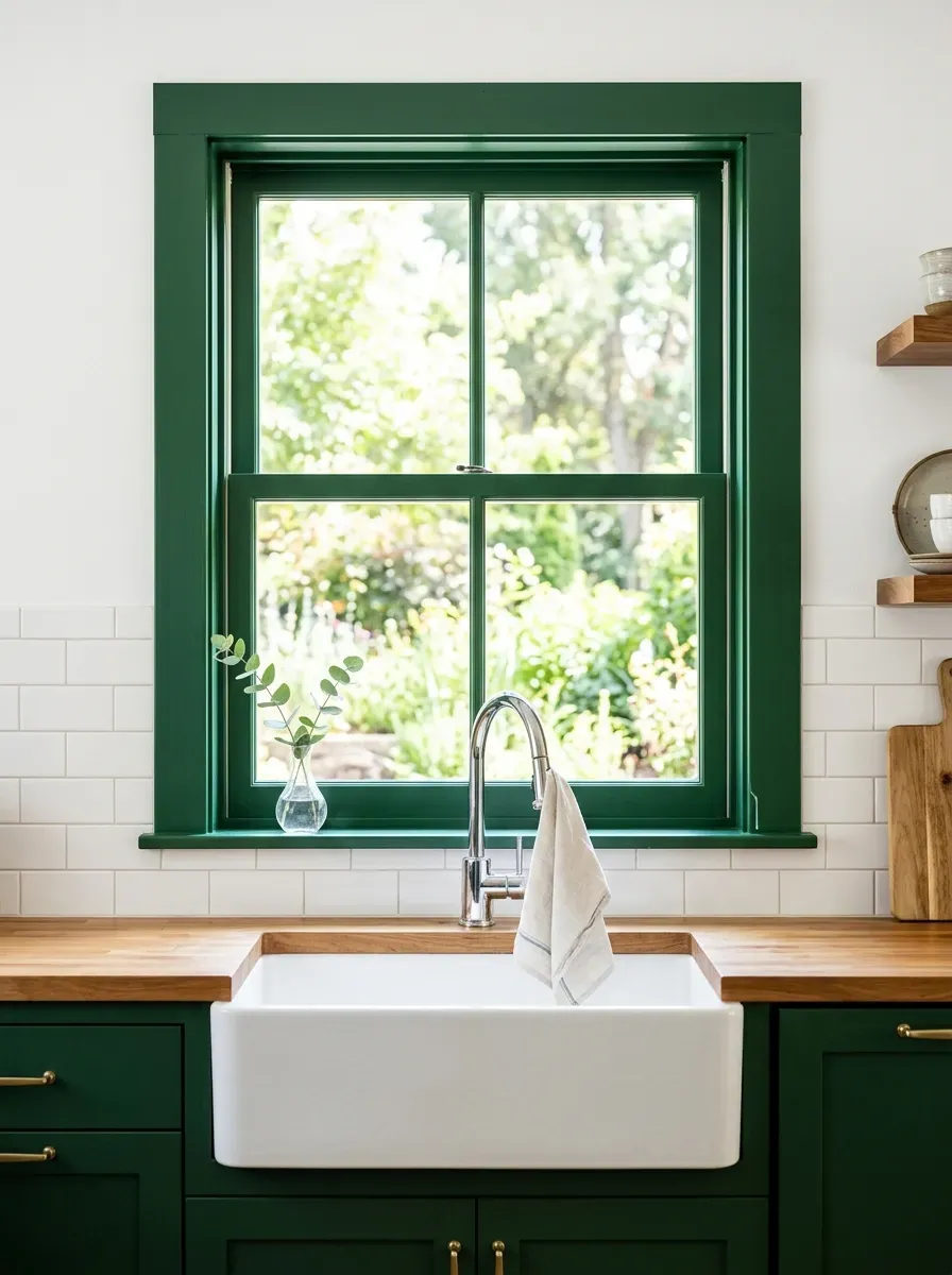 Bold dark green painted window frame contrasting against white kitchen walls and subway tile