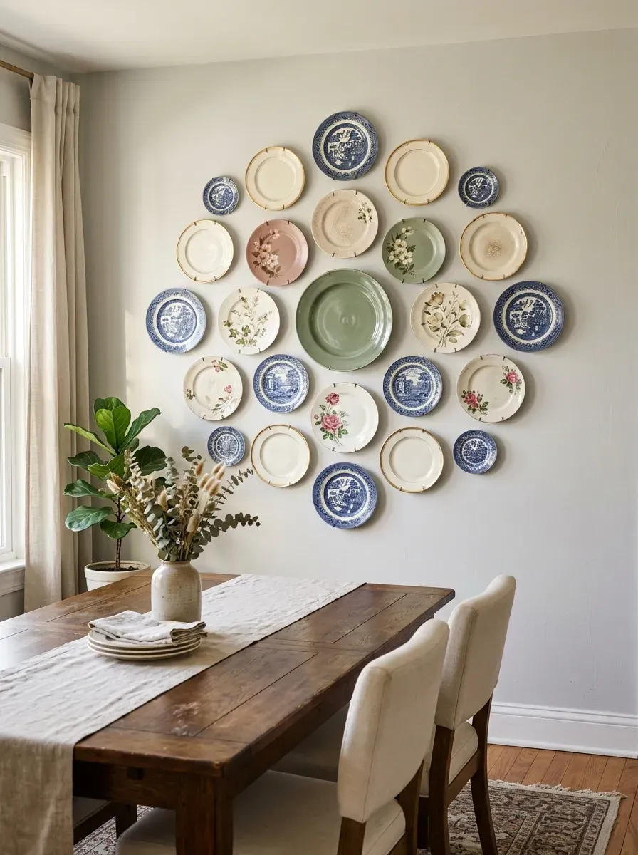 Decorative plate collection in varied patterns clustered organically on a light gray wall
