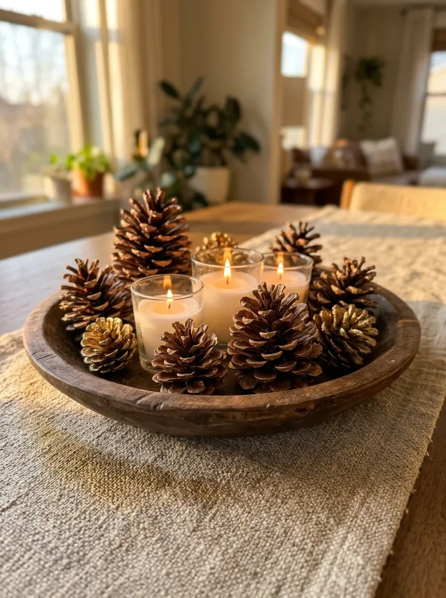 Wooden bowl with natural and gold-painted pine cones and white votive candles on linen runner
