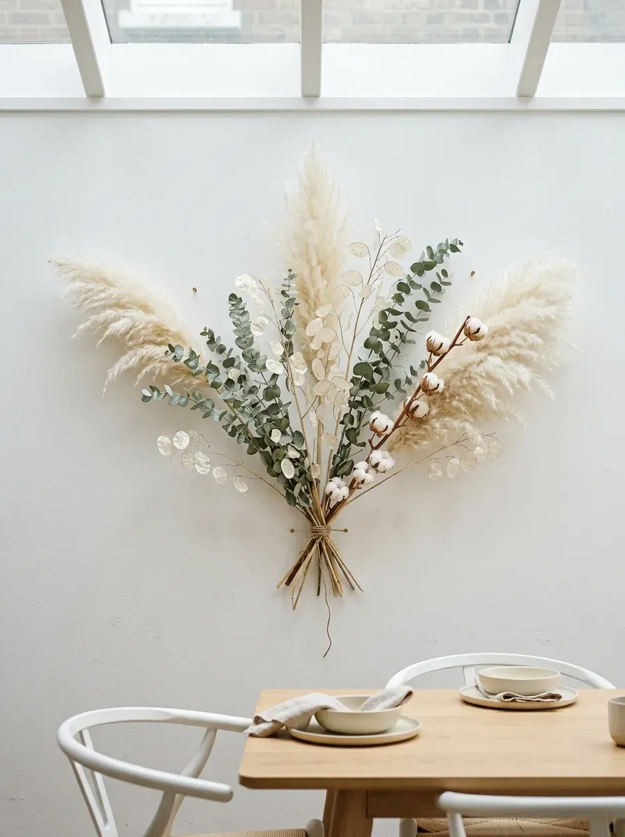 Loose dried pampas grass and eucalyptus fan arrangement pinned directly on a white wall