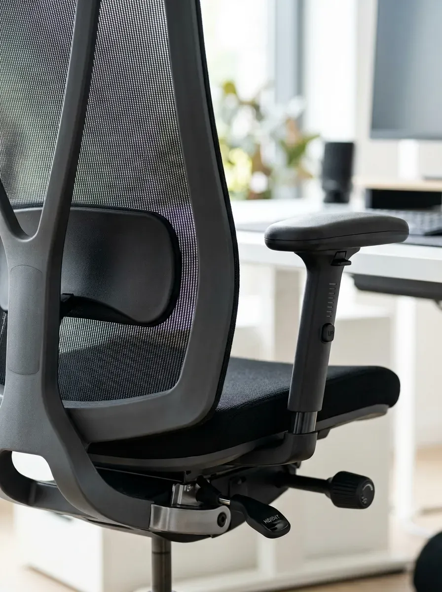 Close-up of ergonomic chair lumbar support armrests and breathable mesh back