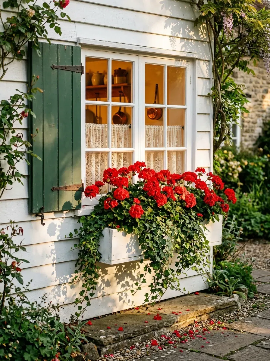 White cottage kitchen window with overflowing red geraniums and trailing ivy in exterior window box
