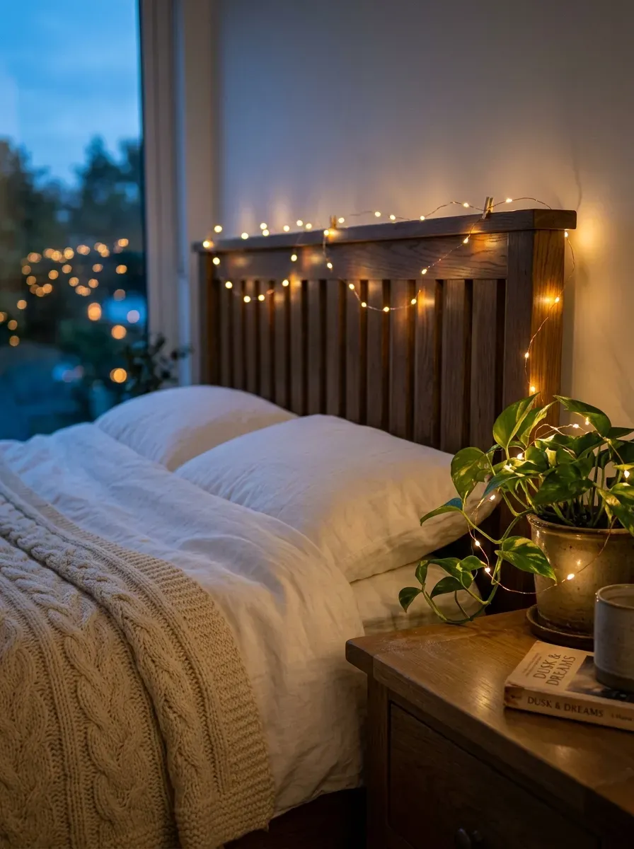 Bedroom with warm fairy lights draped across wooden headboard and trailing nightstand plant
