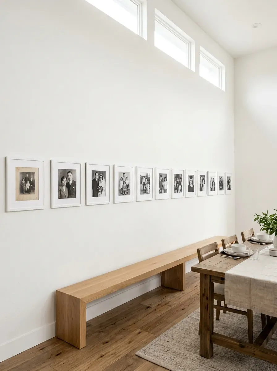 Horizontal row of twelve white-framed family photos spanning the full length of a dining room wall
