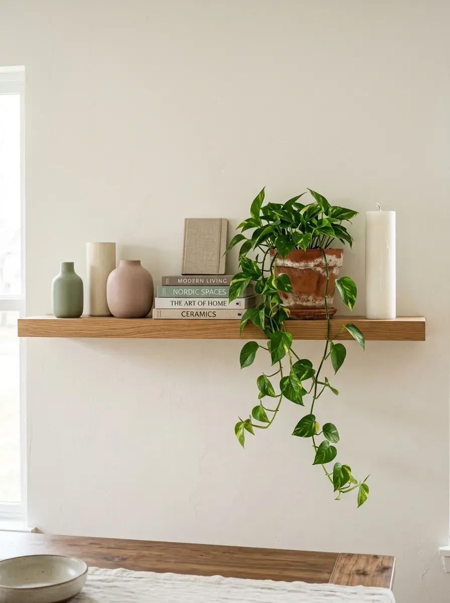 Eye-level floating wood shelf with ceramic vases, pothos plant, art books, and candle
