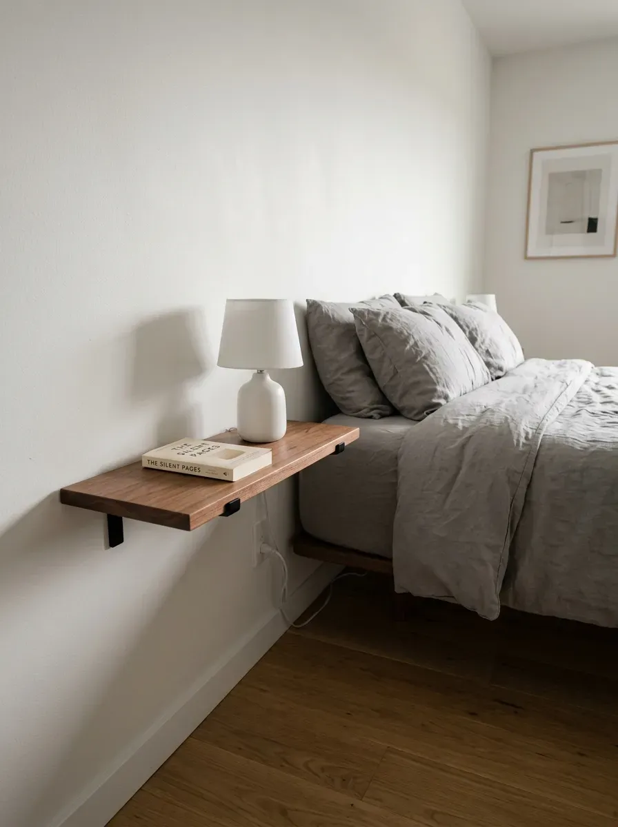 Wall-mounted floating wood shelf nightstand holding lamp and one book with floor completely clear beneath