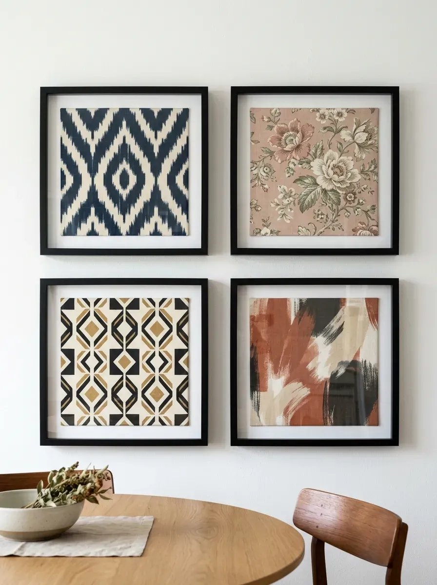 Four matching black shadow-box frames in a 2x2 grid displaying ikat, floral, geometric, and abstract fabric panels