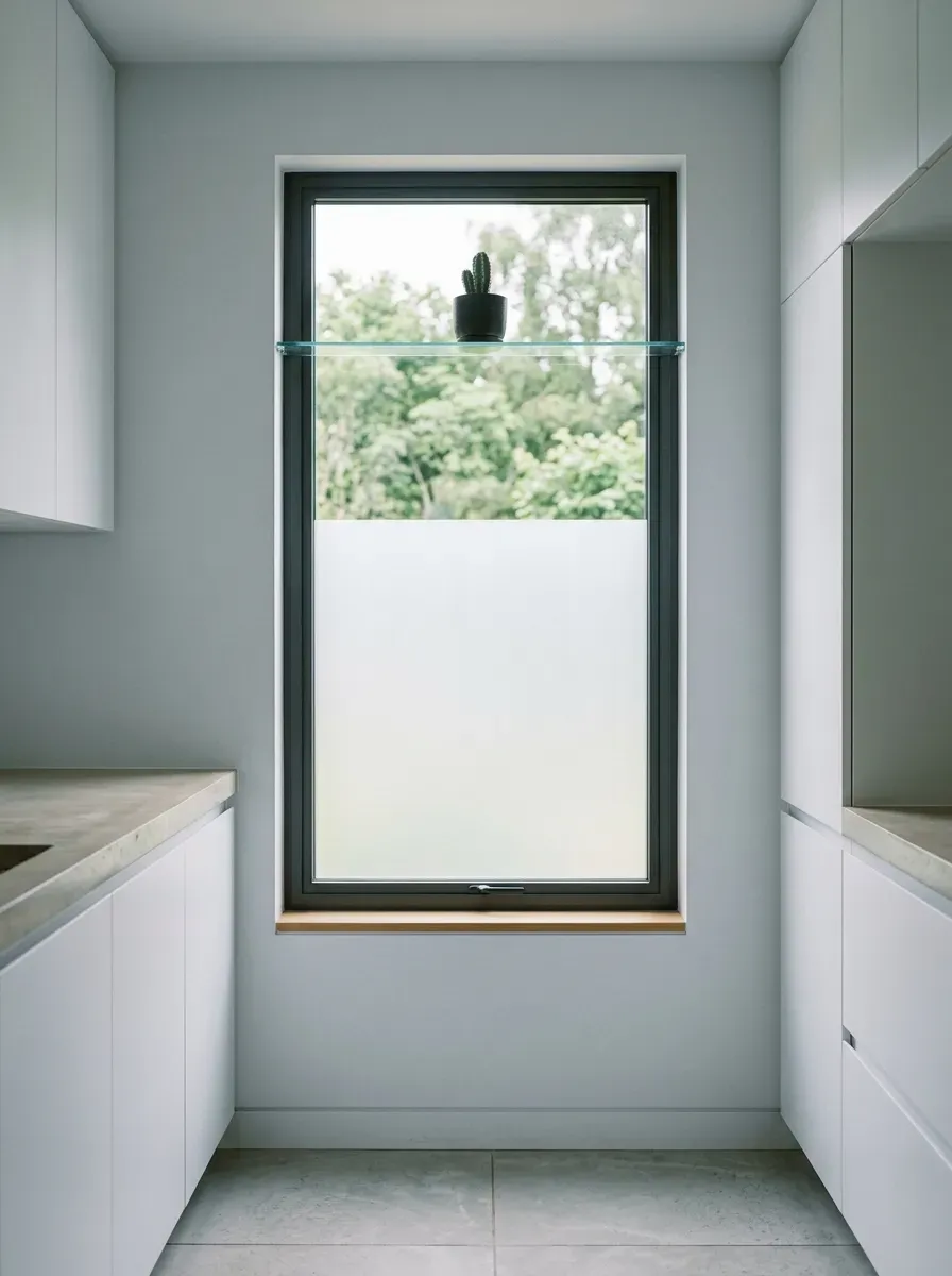Frosted adhesive film on lower kitchen window casting soft diffused light over concrete countertops