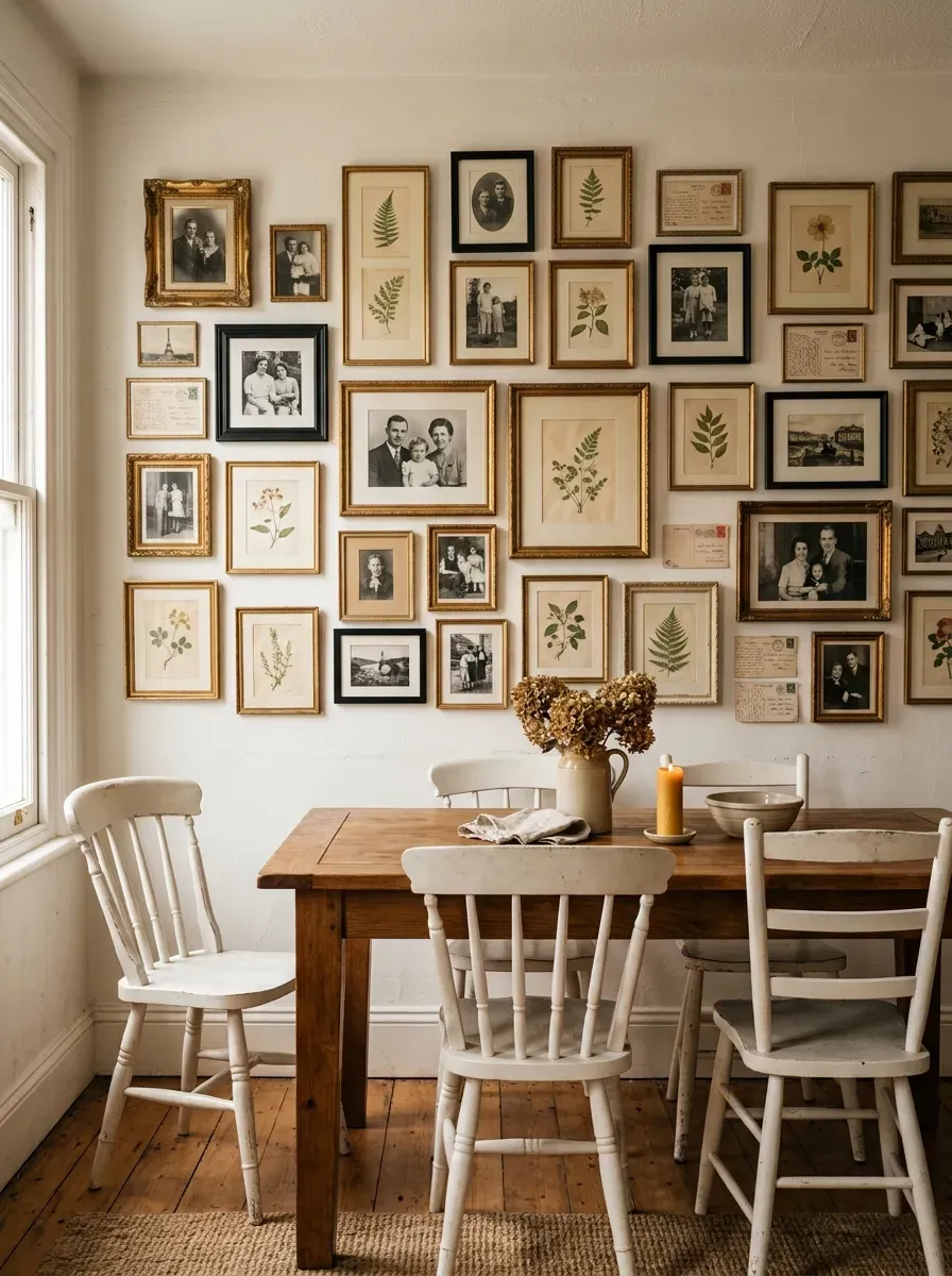 Mismatched thrifted frames with family photos and botanicals on a warm white wall