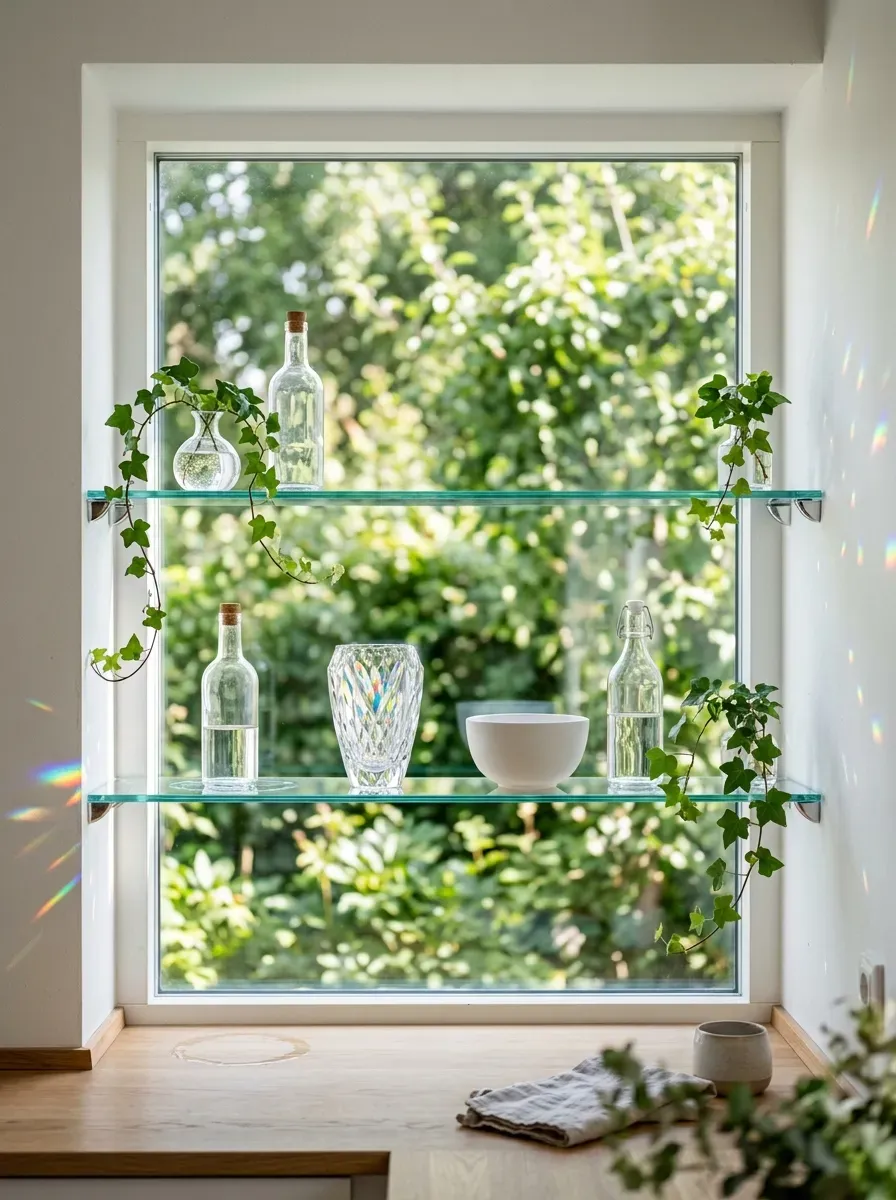 Clear glass floating shelves across a large kitchen window holding bottles and trailing plants in bright light