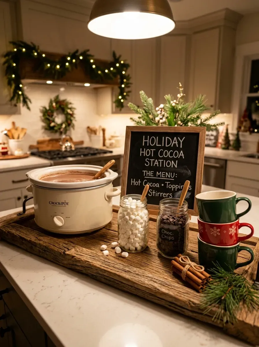 Rustic wooden tray hot cocoa bar with festive mugs, marshmallows, and cinnamon sticks