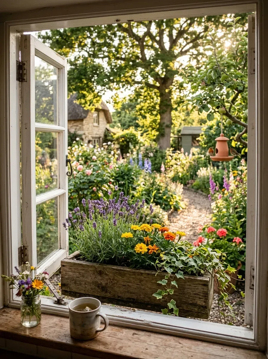 Cozy kitchen window overlooking a vibrant flower garden with a blooming window box