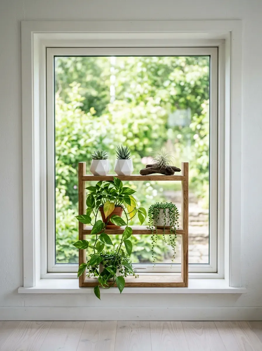 Tiered wooden plant shelf in front of a bare kitchen window with trailing succulents and pothos