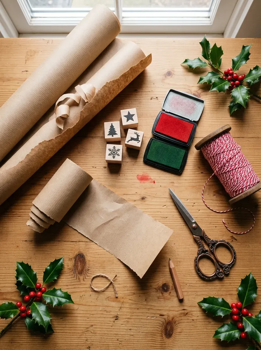 Flat lay of kraft paper rolls, Christmas rubber stamps, red twine, and holly sprigs on wood