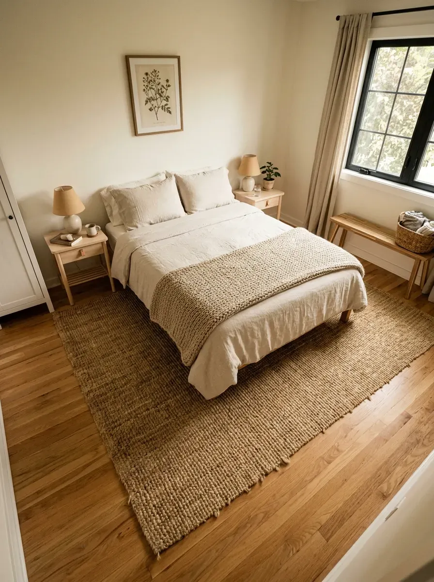 Large light jute area rug anchoring queen bed and nightstands with hardwood floor visible at room edges