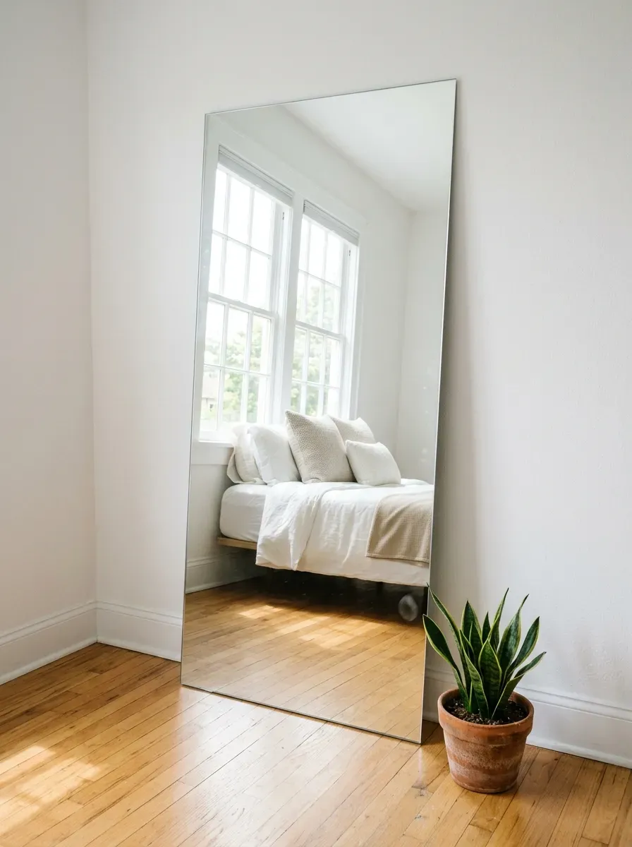 Large leaning floor mirror in bedroom corner reflecting window and bed to double perceived space
