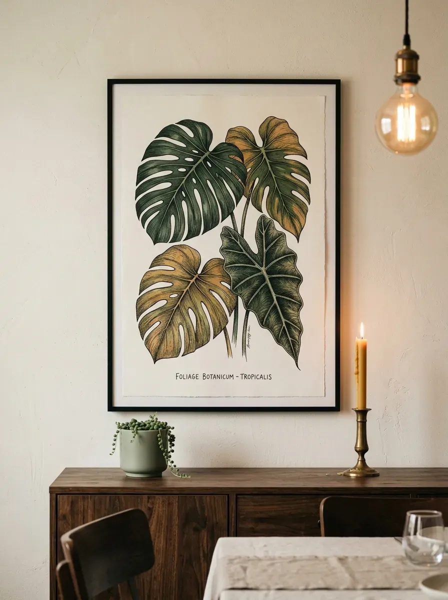 Oversized framed botanical illustration above a dark walnut sideboard with lit candle