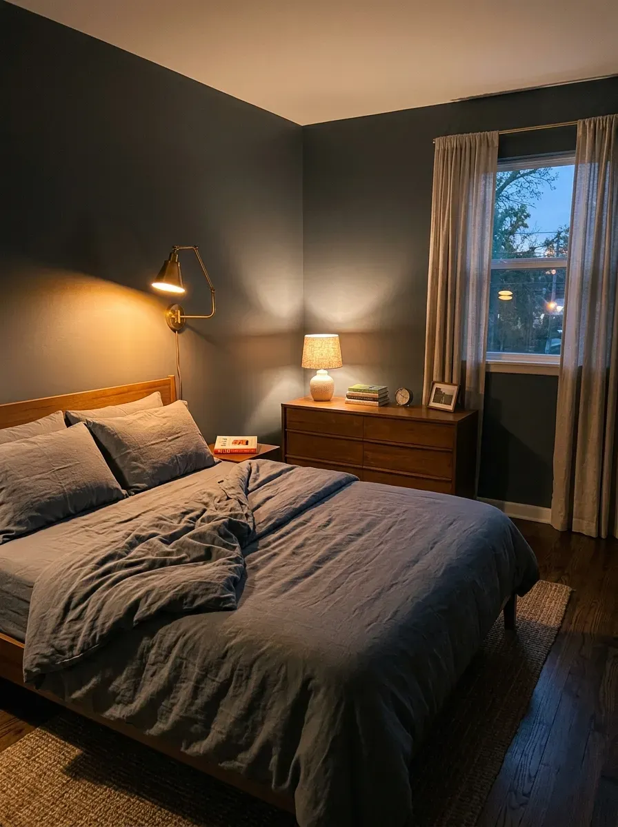 Small bedroom at evening with warm amber wall sconce and corner table lamp creating cozy layered glow