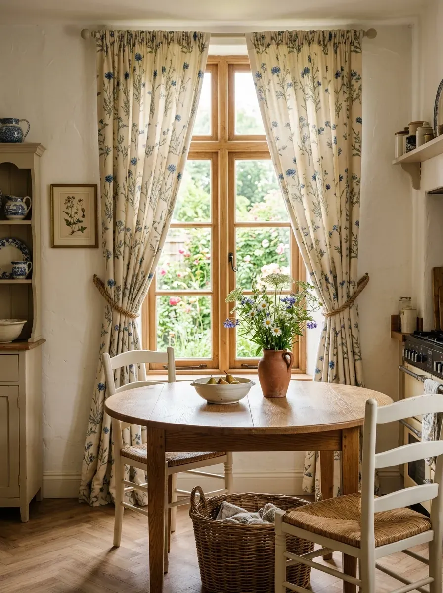 Cream and blue floral curtains tied back with rope tiebacks beside a sunlit kitchen table