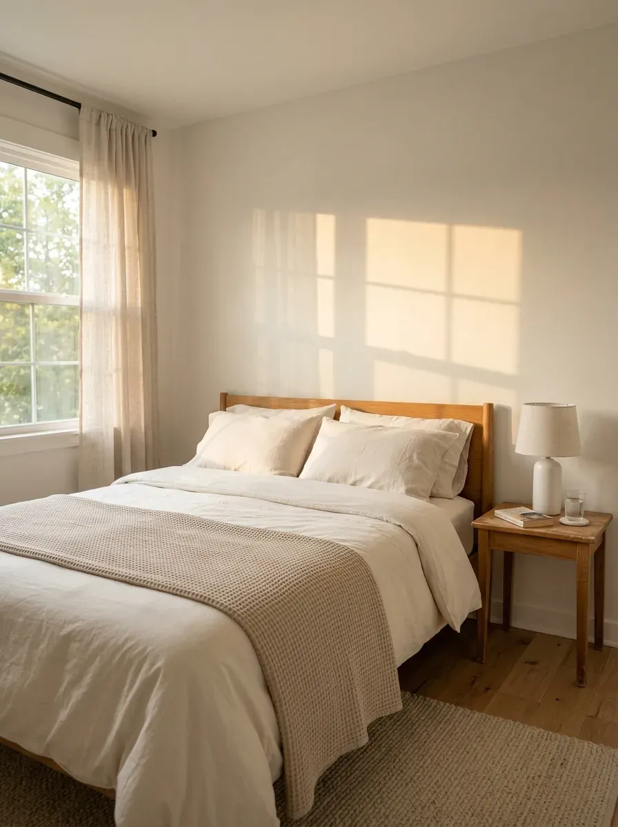 Cozy small bedroom painted soft warm white with gentle afternoon sunlight on smooth walls