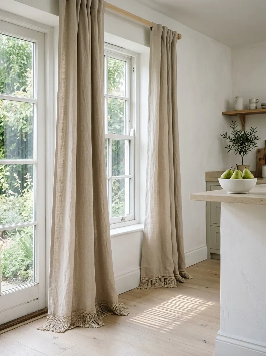 Long oatmeal linen curtain panels with fringe hem trim in a Scandinavian kitchen with morning light